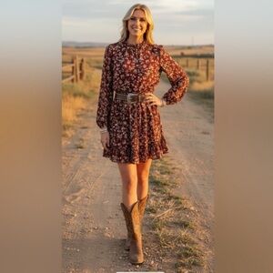 She + Sky Brown Ruffled Tiered Bishop Sleeve Dress